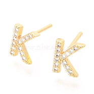 Brass Micro Pave Clear Cubic Zirconia Stud Earrings, Greek Alphabet, Real 18k Gold Plated, Letter.K, 8x6.5x1.9mm, Pin: 0.9mm(EJEW-O103-05G)