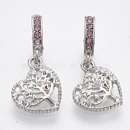 Alloy European Dangle Charms, with Rhinestone and Enamel, Large Hole Pendants, Heart with Tree, Platinum, 27mm, Hole: 5mm, Heart: 15x13x2mm(MPDL-T004-03P)