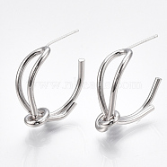 Brass Stud Earrings, Half Hoop Earrings, Knot, Nickel Free, Real Platinum Plated, 22x8mm, Pin: 0.8mm(KK-T038-310P)