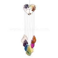 Brass Wire Wrapped Chakra Natural Gemstone Chips Hanging Ornaments, Natural Agate Plate Tassel Wind Chime for Home Outdoor Decorations, Heart, 520mm(AJEW-B028-01G-03)