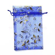 Organza Drawstring Jewelry Pouches, Wedding Party Gift Bags, Rectangle with Gold Stamping Flower Pattern, Blue, 15x10x0.11cm(OP-I001-A07)