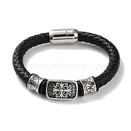 Men's Braided Black PU Leather Cord Bracelets, Flower 304 Stainless Steel Link Bracelets with Magnetic Clasps, Antique Silver, 8-1/2 inch(21.5cm)(BJEW-K243-31AS)