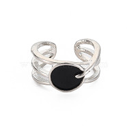 Enamel Oval Open Cuff Ring, Alloy Jewelry for Women, Cadmium Free & Lead Free, Platinum, Black, US Size 7 1/4(17.5mm)(RJEW-S038-227)