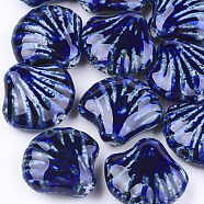 Handmade Porcelain Beads, Fancy Antique Glazed Porcelain, Shell, Blue, 28~29x32~33x12.5~14mm, Hole: 3~3.5mm(PORC-S498-36B)