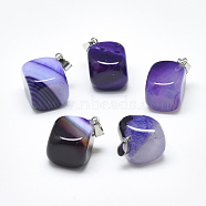 Natural Banded Agate/Striped Agate Pendants, Dyed, with Stainless Steel Snap On Bails, Cube, Stainless Steel Color, Medium Slate Blue, 24~29x19~25x17~25mm, Hole: 3~4x7~8.5mm(G-T122-19C)