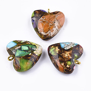 Assembled Bronzite and Imperial Jasper Pendants, with Iron Findings, Heart, Golden, 20~22x19~20x5~7mm, Hole: 2mm(X-G-T111-04I)