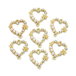 Alloy Crystal Rhinestone Links, Connector Charms, with White ABS Plastic Imitation Pearl Beads, Heart, Light Gold, 18x17x3.5mm, Hole: 1.5mm(FIND-WH0110-040LG)