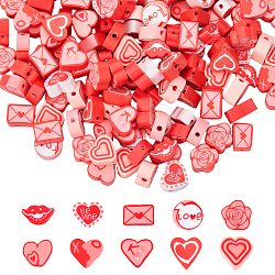 200Pcs 10 Styles Valentine's Day Theme Handmade Polymer Clay Beads, Heart & Lip & Rose & Flat Round & Envelope, Mixed Color, 6~10x7~11x4~4.5mm, Hole: 1.4~1.8mm, 20pcs/style(CLAY-SC0001-72)