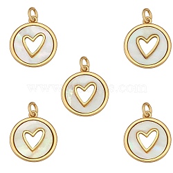 Real 18K Gold Plated Brass Pendants, with Natural Shell, Long-Lasting Plated, Flat Round with Heart, 18x16x2mm, Hole: 3mm, 5pcs/box(FIND-SZ0002-54C)