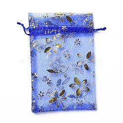Organza Drawstring Jewelry Pouches, Wedding Party Gift Bags, Rectangle with Gold Stamping Flower Pattern, Blue, 15x10x0.11cm(OP-I001-A07)