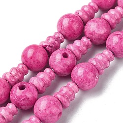 Dyed Natural Fossil 3-Hole Guru Bead Strands, for Buddhist Jewelry Making, T-Drilled Beads, Hot Pink, 18x10mm, Hole: 2~2.5mm(G-K149-51B)