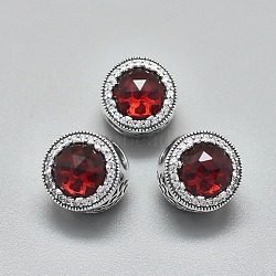 925 Sterling Silver European Beads, with Cubic Zirconia, Large Hole Beads, Carved 925, Flat Round, Antique Silver, Red, 12x12mm, Hole: 4.5mm(STER-I019-35E)