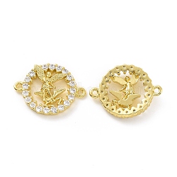 Rack Plating Brass Micro Pave Clear Cubic Zirconia Connector Charms, Long-Lasting Plated, Cadmium Free & Lead Free, Flat Round Links with Angel Pattern, Real 18K Gold Plated, 16x21.5x4mm, Hole: 1.2mm(KK-C008-04G)