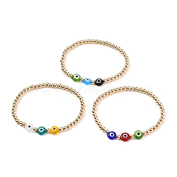 Stretch Bracelets, with Real 18K Gold Plated Brass Round Beads and Flat Round Handmade Evil Eye Lampwork Beads, Mixed Color, Inner Diameter: 2-1/4 inch(5.8cm)(BJEW-JB05691)