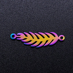 Ion Plating(IP) 201 Stainless Steel Links, Feather, Rainbow Color, 22x6.5x1mm, Hole: 1mm(STAS-S105-JN234)