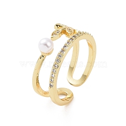 Brass Micro Pave Cubic Zirconia Open Rings, Leaf with Plastic Imitation Pearl Cuff Rings for Women, Real 18K Gold Plated, 7.5~9.5mm, Inner Diameter: US Size 6 3/4(17.1mm)(RJEW-J017-VC203)
