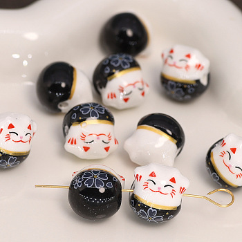 Handmade Porcelain Beads, Maneki Neko Cat, Black, 13x14mm