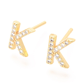 Brass Micro Pave Clear Cubic Zirconia Stud Earrings, Greek Alphabet, Real 18k Gold Plated, Letter.K, 8x6.5x1.9mm, Pin: 0.9mm