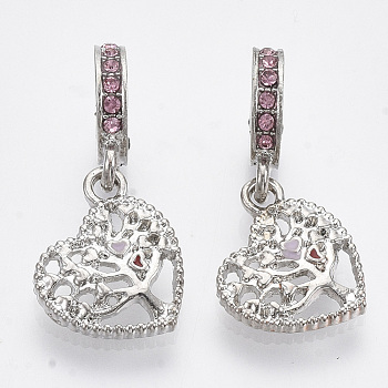 Alloy European Dangle Charms, with Rhinestone and Enamel, Large Hole Pendants, Heart with Tree, Platinum, 27mm, Hole: 5mm, Heart: 15x13x2mm