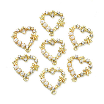 Alloy Crystal Rhinestone Links, Connector Charms, with White ABS Plastic Imitation Pearl Beads, Heart, Light Gold, 18x17x3.5mm, Hole: 1.5mm
