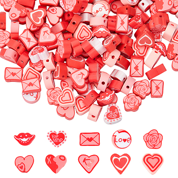 200Pcs 10 Styles Valentine's Day Theme Handmade Polymer Clay Beads, Heart & Lip & Rose & Flat Round & Envelope, Mixed Color, 6~10x7~11x4~4.5mm, Hole: 1.4~1.8mm, 20pcs/style