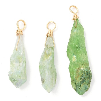 Electroplated Raw Rough Natural Quartz Crystal Copper Wire Wrapped Pendants, Green Plated Teardrop Charms, Light Gold, 33~44x7x8~10mm, Hole: 3.5mm