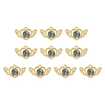Alloy Rhinestone Pendants, Heart with Wings Charms, Light Gold, Jet Silver Flare, 14x23x6mm