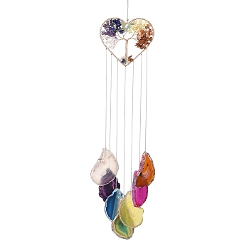 Brass Wire Wrapped Chakra Natural Gemstone Chips Hanging Ornaments, Natural Agate Plate Tassel Wind Chime for Home Outdoor Decorations, Heart, 520mm