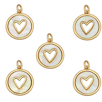 Real 18K Gold Plated Brass Pendants, with Natural Shell, Long-Lasting Plated, Flat Round with Heart, 18x16x2mm, Hole: 3mm, 5pcs/box