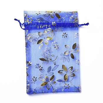 Organza Drawstring Jewelry Pouches, Wedding Party Gift Bags, Rectangle with Gold Stamping Flower Pattern, Blue, 15x10x0.11cm