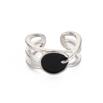 Enamel Oval Open Cuff Ring, Alloy Jewelry for Women, Cadmium Free & Lead Free, Platinum, Black, US Size 7 1/4(17.5mm)