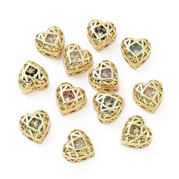 Eco-friendly Brass Cubic Zirconia Multi-Strand Links, Nickel Free, Cadmium Free & Lead Free, Heart, Golden, Mixed Color, 10x10.5x5.5mm, Hole: 1.2mm
