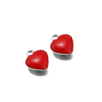 Stainless Steel Charms, with Enamel, Stainless Steel Color, Heart Charm, Red, 8x9mm, Hole: 1.2mm