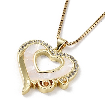 Mother's Day Brass Micro Pave Clear Cubic Zirconia Pendant Necklaces, Shell Necklace with Golden 304 Stainless Steel Chains, Heart, 15.83 inch(40.2cm), Heart: 28.5x27mm