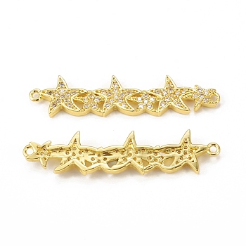 Brass Micro Pave Clear Cubic Zirconia Connector Charms, Starfish Links, Golden, 9x40x2.5mm, Hole: 1.2mm