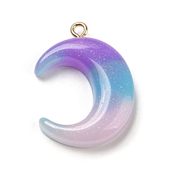 Gradient Color Resin Pendants, with Glitter Powder and Golden Tone Iron Loop, Moon, 29x21.5x5.5mm, Hole: 1.7mm