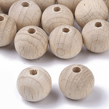 Natural Beech Wood Beads, Round Unfinished Wooden Beads, Undyed, Lead Free, PapayaWhip, 11.5~12x11mm, Hole: 3mm