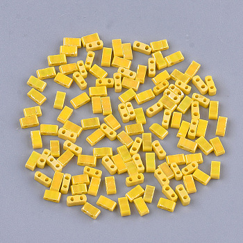 2-Hole Opaque Glass Seed Beads, AB Colours, Rectangle, Gold, 4.5~5.5x2x2~2.5mm, Hole: 0.5~0.8mm