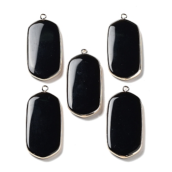 Natural Obsidian Pendants, Light Gold Plated Brass Rectangle Charms, 47~48x22~22.5x4~4.5mm, Hole: 2mm