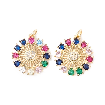 10Pcs Rack Plating Brass Micro Pave Colorful Cubic Zirconia Pendants, with Jump Rings, Long-Lasting Plated, Cadmium Free & Lead Free, Flower, Real 18K Gold Plated, 21x19x4mm, Hole: 3.2mm