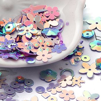 Rainbow Iridescent PVC Paillette/Sequins Beads & Links & Pendants, Mixed Shapes, Flower/Snowflake/Oval, Plum, 4~20x4~20x0.3~6mm, Hole: 0.8~4mm, about 131pcs/bag