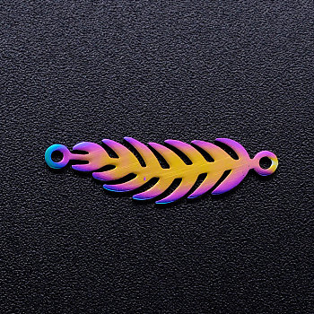 Ion Plating(IP) 201 Stainless Steel Links, Feather, Rainbow Color, 22x6.5x1mm, Hole: 1mm