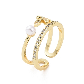 Brass Micro Pave Cubic Zirconia Open Rings, Leaf with Plastic Imitation Pearl Cuff Rings for Women, Real 18K Gold Plated, 7.5~9.5mm, Inner Diameter: US Size 6 3/4(17.1mm)