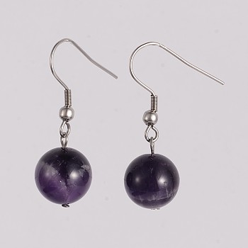 Round 304 Stainless Steel Natural Amethyst Dangle Earrings, 35mm, Pin: 0.8mm