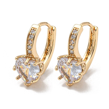 Brass with Clear Cubic Zirconia Hoop Earrings, Heart, Light Gold, 18x9mm