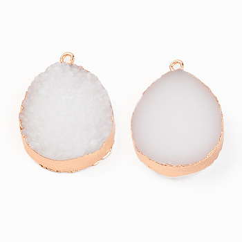 Druzy Resin Pendants, with Edge Light Gold Plated Iron Loops, Teardrop, White, 33x24.5x9mm, Hole: 1.8mm