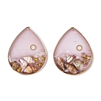 Brass & Epoxy Resin Pendants, Teardrop with Conch & Star Charms, with Shell & Plastic & Glitter Powder, Light Gold, Pink, 40x31x6~7mm, Hole: 1.2mm(KK-Q082-03KCG-01)