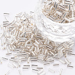 Plated Glass Bugle Beads, Metallic Colours, Floral White, 4~5x2mm, Hole: 1mm, about 14000pcs/Pound(SEED-S046-01A-21)