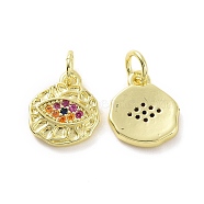 Brass Micro Pave Cubic Zirconia Charms, Real 18K Gold Plated, with Jump Ring, Irregular Flat Round with Eye, Colorful, 11.5x10x2mm, Jump Ring: 5x0.8mm, Inner Diameter: 3.2mm(KK-E068-VF077)
