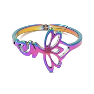 Ion Plating(IP) 304 Stainless Steel Hollow Lotus Adjustable Ring for Women, Rainbow Color, Inner Diameter: 16.6mm(RJEW-M149-32RC)